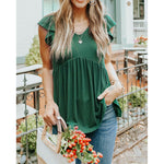 Spring Summer Ribbed Ruffle Sleeve V-Neck Babydoll Short Sleeve Design Casual Top