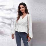 Lantern Sleeve Chiffon Shirt Solid Color Waist V-Neck Long Sleeved Women New Style