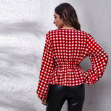 Plaid Print Waist V Neck Lantern Sleeve Elegant Blouse New For Women