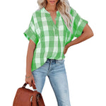 Spring And Summer New Plaid Short Sleeved Shirt Printing V Neck Loose Casual Top For Women