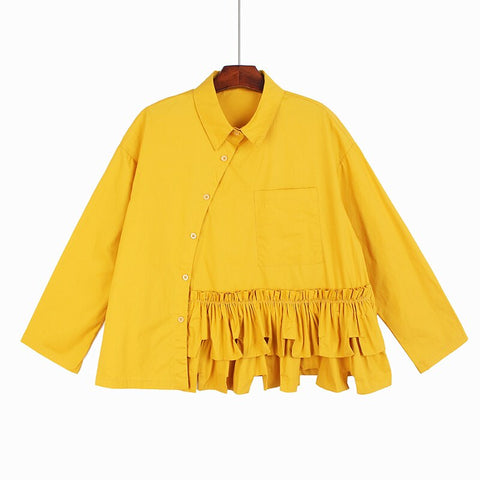 Women Yellow Ruffles Big Size Casual Blouse New Lapel Long Sleeve Loose Fit Shirt Fashion Trend Spring Autumn
