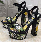 Newest Floral Printed Sandals Summer Sexy Platform Chunky Heels Women Shoes Ankle Strap Gladiator Sandals
