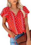 Women's Spring/Summer New Casual Printed V-Neck Short Sleeve Shirt Loose Top