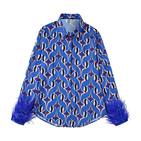 Autumn New Fashion Retro Style Lapel Blue Printing Wool Cuff Shirt Women