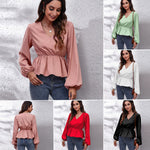 Lantern Sleeve Chiffon Shirt Solid Color Waist V-Neck Long Sleeved Women New Style