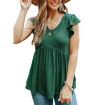 Spring Summer Ribbed Ruffle Sleeve V-Neck Babydoll Short Sleeve Design Casual Top