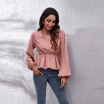 Lantern Sleeve Chiffon Shirt Solid Color Waist V-Neck Long Sleeved Women New Style