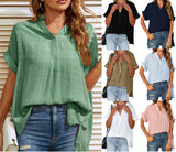 Women's V-Neck Short Sleeve Solid Color Thin Loose Check Shirt