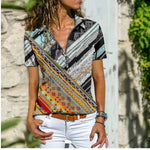 Women Bohemian Western Ethnic Style Zipper Top Short Sleeve T-Shirt