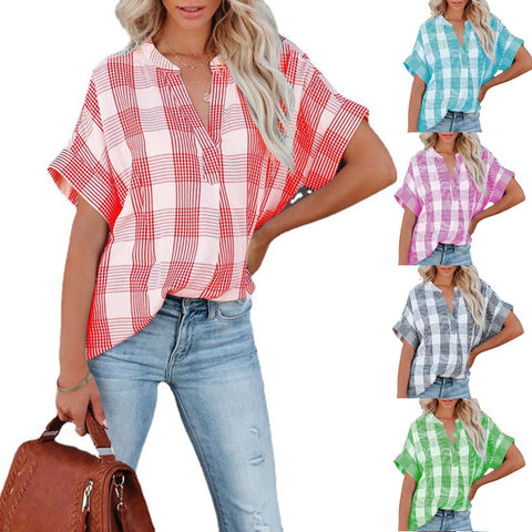 Spring And Summer New Plaid Short Sleeved Shirt Printing V Neck Loose Casual Top For Women