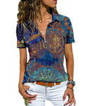 Spring Summer Bohemian Western Ethnic Style Zipper Top Short Sleeved T-Shirt Women