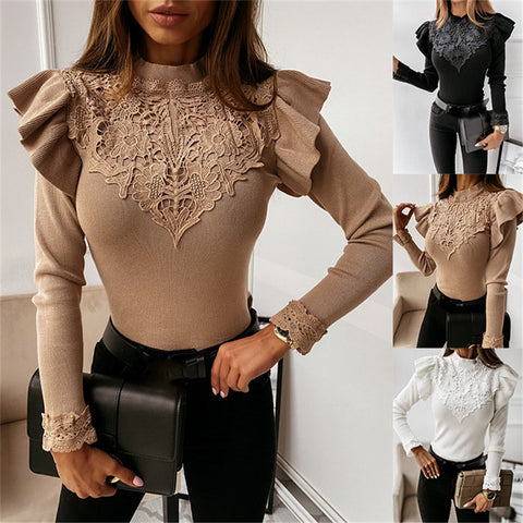 Long Sleeve Round Neck Lace Decorative Solid Color Bottoming Shirt Women