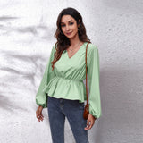 Lantern Sleeve Chiffon Shirt Solid Color Waist V-Neck Long Sleeved Women New Style