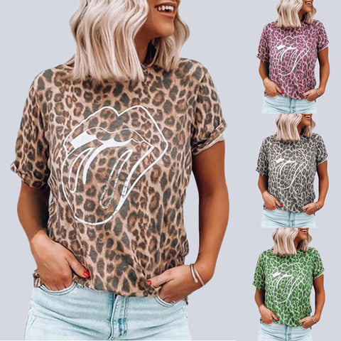 Summer New Women's Tops Leopard Lip Print Round Neck Short Sleeve T-Shirt