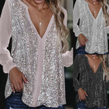Casual sequined V-neck long-sleeved loose chiffon shirt for women