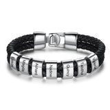 JewelOra Personalized Engraved Family Name Beads Bracelets Black Braided Leather Stainless Steel Bracelets for Men Fathers