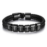 JewelOra Personalized Engraved Family Name Beads Bracelets Black Braided Leather Stainless Steel Bracelets for Men Fathers