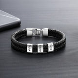 JewelOra Personalized Engraved Family Name Beads Bracelets Black Braided Leather Stainless Steel Bracelets for Men Fathers