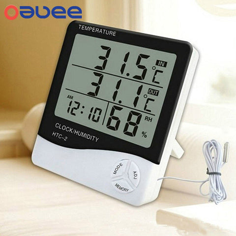 Oauee LCD Electronic Digital Temperature Humidity Meter Indoor Outdoor Thermometer Hygrometer Weather Station Clock HTC-1 HTC-2