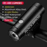 ROCKBROS Bike Light Rainproof Type-C Charging LED 2000mAh MTB Front Lamp Headlight Aluminum Ultralight Flashlight Bicycle Light