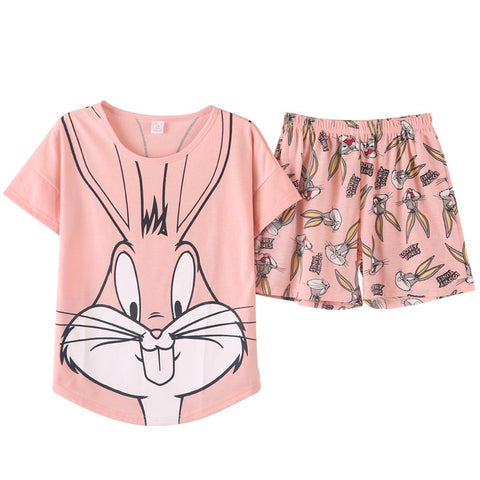 Summer Pyjamas Women Pink Bugs Bunny Pajama Set  Cute Cartoon Cotton Home Clothes Girl's Sleepwear - shop.livefree.co.uk