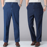 Men Trousers Solid Color Elastic Waistband Drawstring Straight Denim Pants Long Trousers Men Clothing Autumn Streetwear
