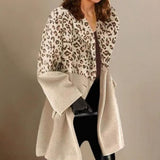 Women's Coat Pockets Long Sleeve Warm Leopard Print Jaket Elegant Patchwork Lapel Female Woolen Coat Ladies Overcoat veste femme